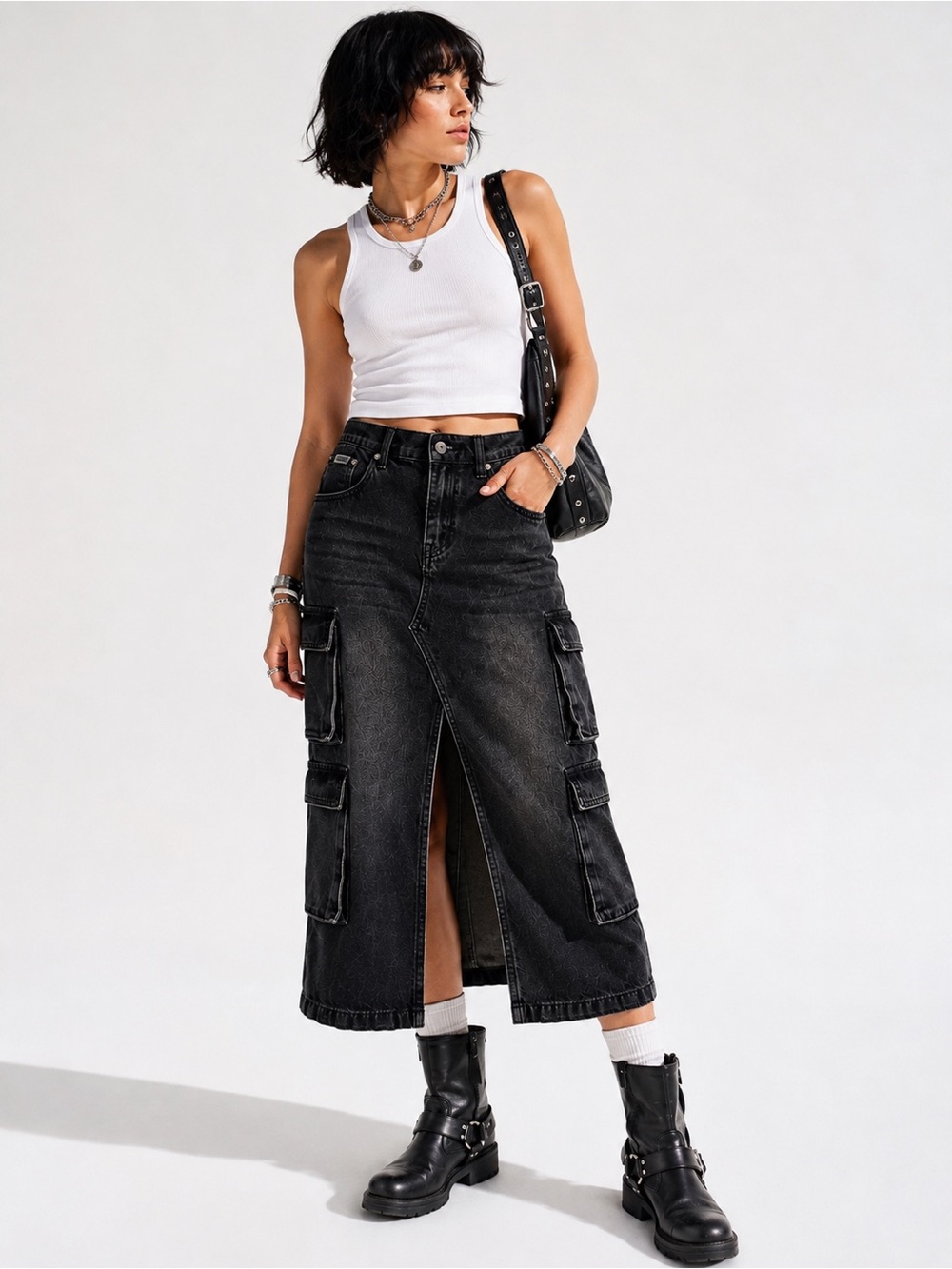The Ragged Priest Black Denim Cargo Midi Skirt | Front Slit | UK 12 | Utility